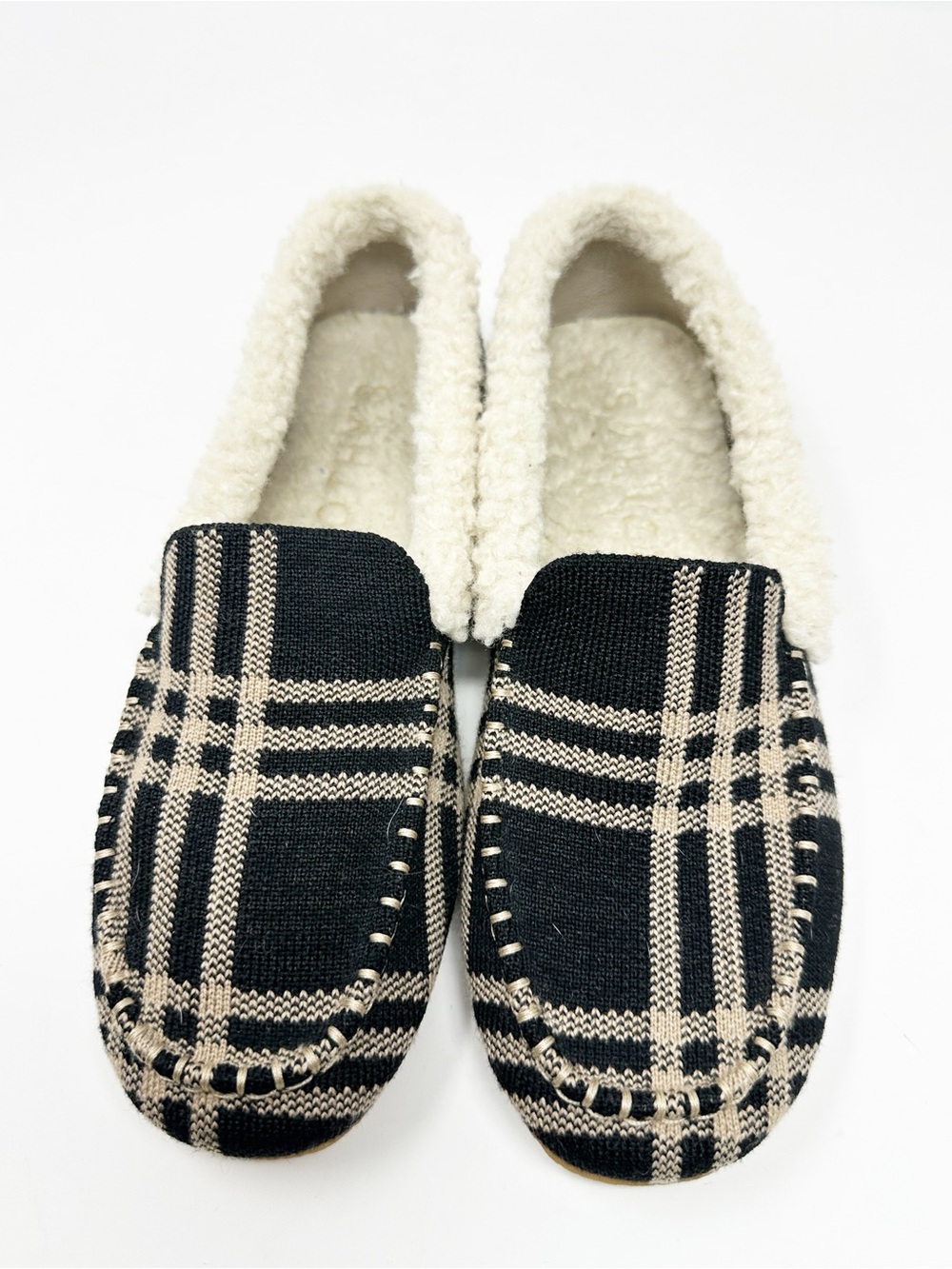Rothy’s The Slipper Black Camel Plaid Loafer Sherpa Lined Merino Wool Size 7